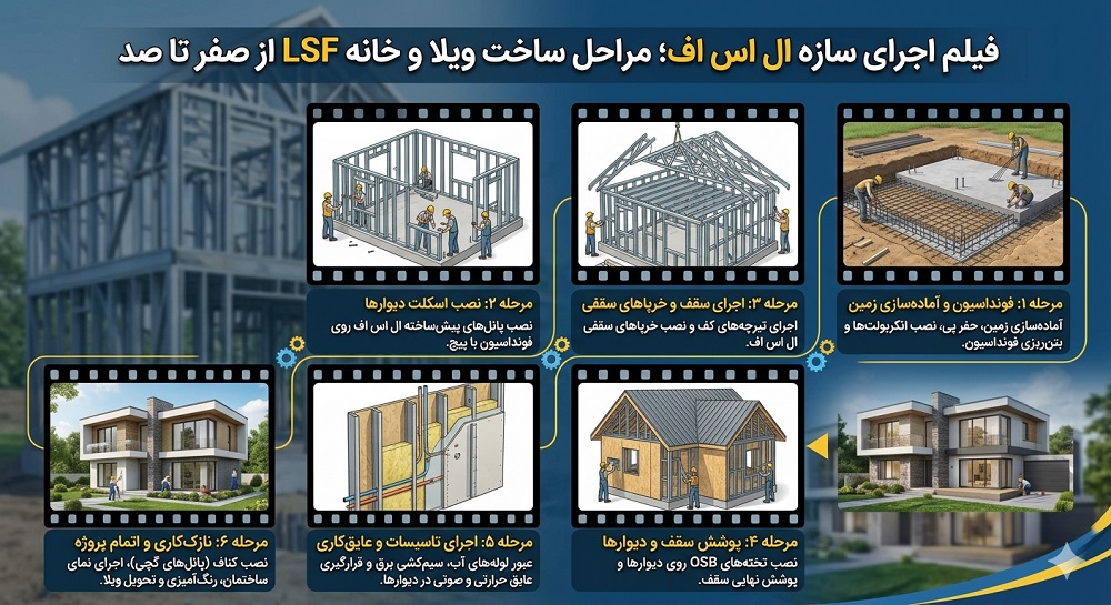 فیلم اجرای سازه ال اس اف؛ مراحل ساخت ویلا و خانه LSF از صفر تا صد شرکت رضوان سازه گیلان انزلی رشت مازندران ساری رامسر چالوس