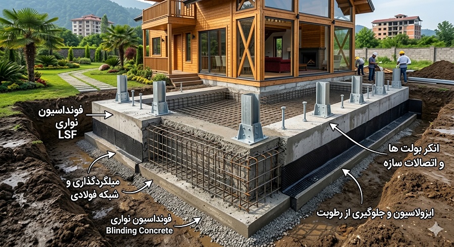 شرکت رضوان سازه نحوه اجرای فونداسیون سازه سبک LSF | مراحل، نکات اجرایی و اصول مهندسی در گیلان